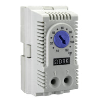 Wall-mounted DIN rail enclosure thermostat with adjustable dial, labeled for heating in Fahrenheit with a blue dia.