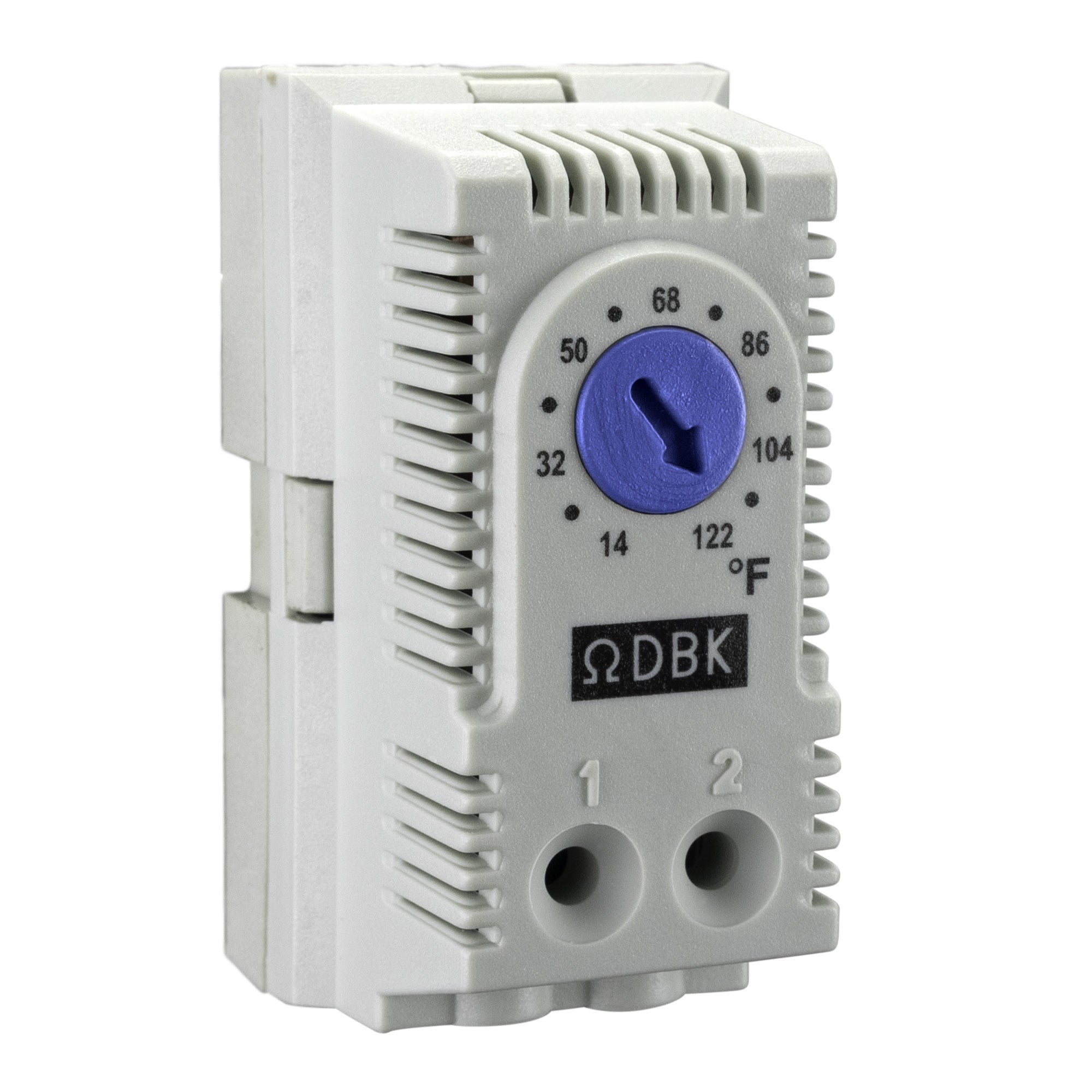 Wall-mounted DIN rail enclosure thermostat with adjustable dial, labeled for heating in Fahrenheit with a blue dia.