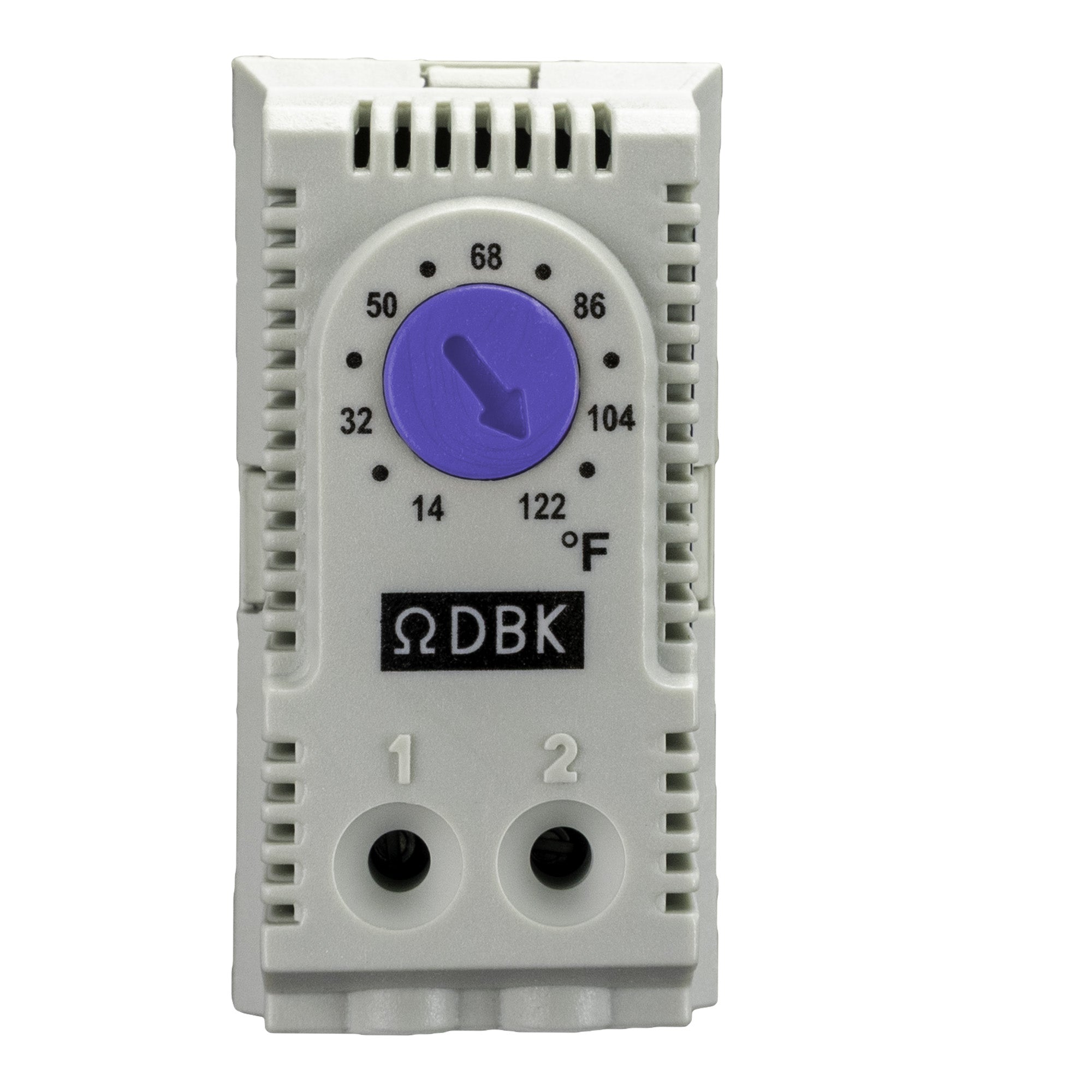 Thermostat with a purple dial on a white background