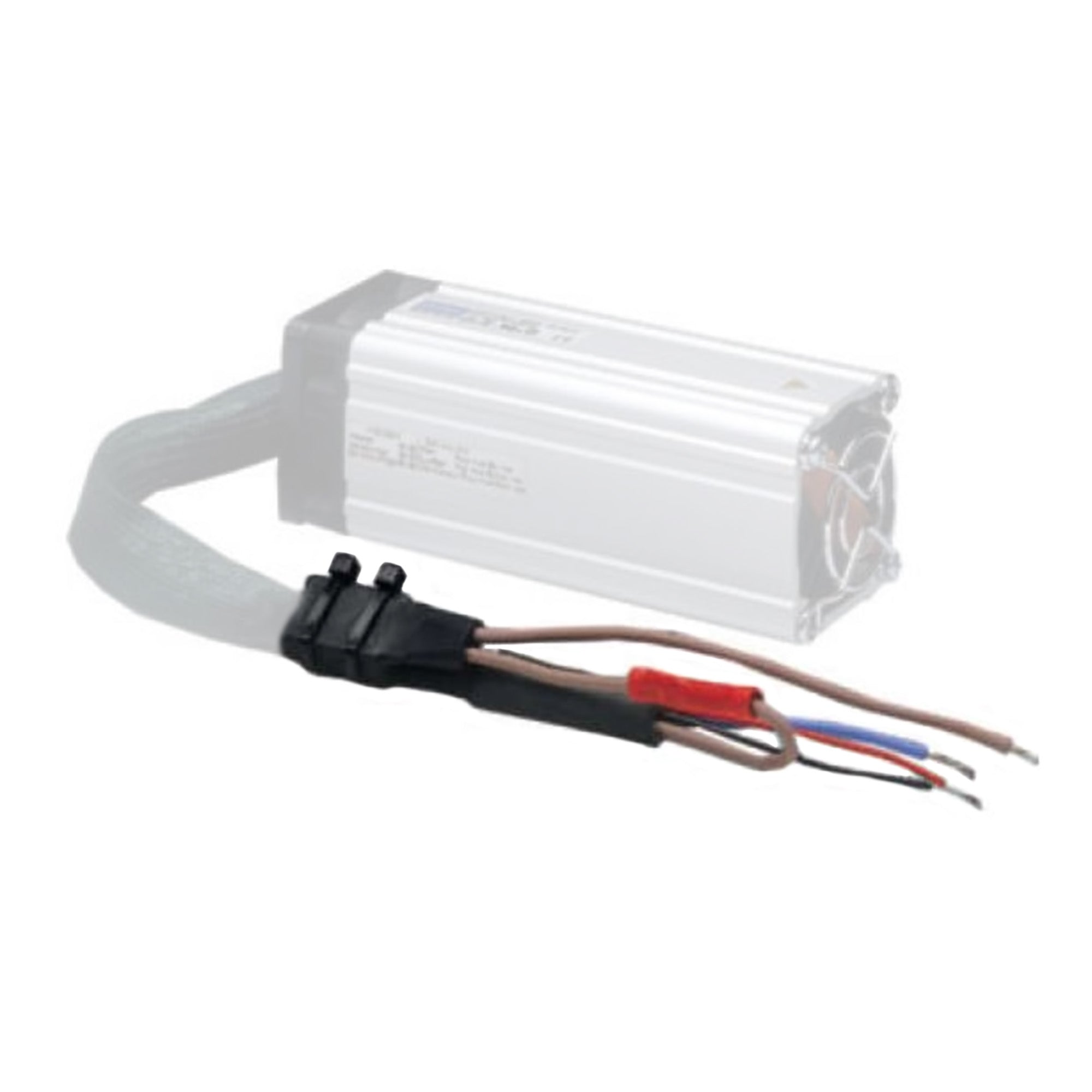 An inline heater thermostat kit consisting of a white plastic casing, leads, and crimp terminals connected to a wire harness.