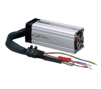 An image showing an inline thermostat kit consisting of a metal thermostat body with crimped wires and a black protective cover.