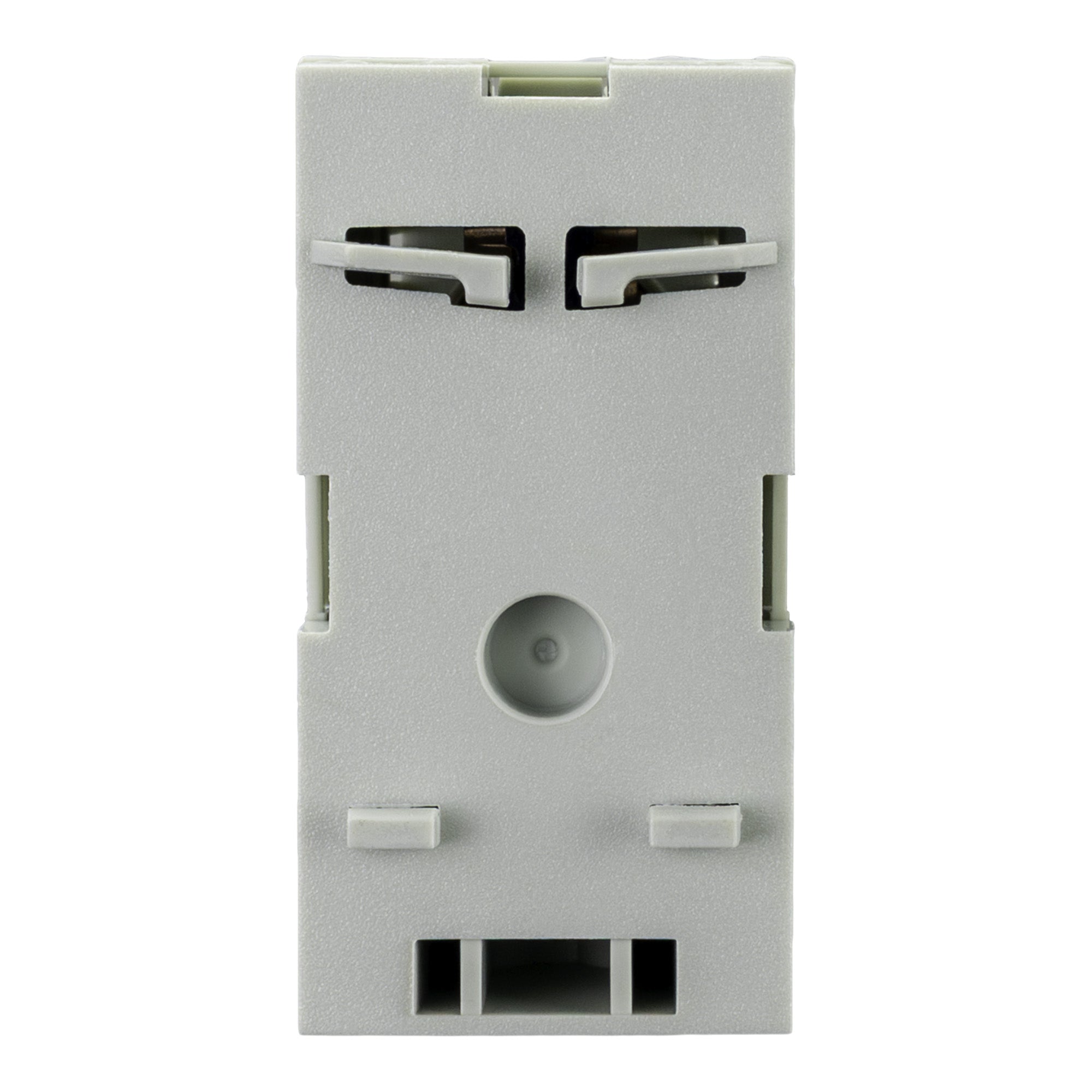 Rear of grey DIN rail mounts for adjustable thermostat.