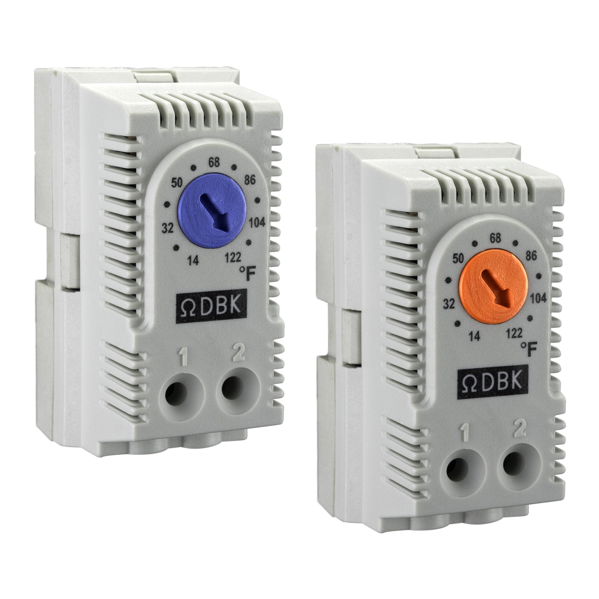 Two wall-mounted DIN rail enclosure thermostats with adjustable dials, one labeled for heating in Fahrenheit with a blue dial, and the other for cooling in Celsius with an orange dial.